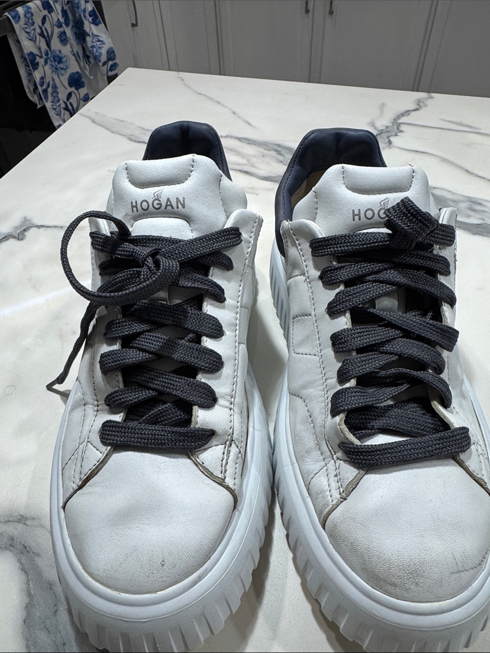 Hogan White Leather Platform Sneakers with Black Laces